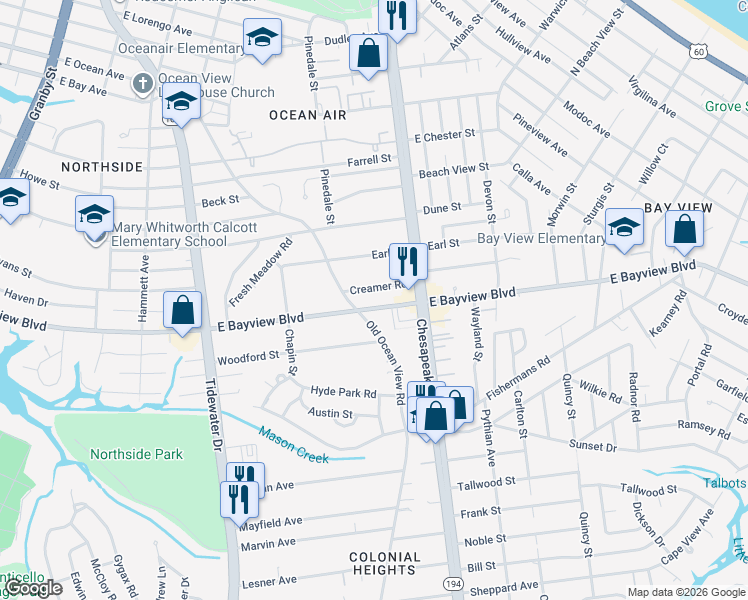 map of restaurants, bars, coffee shops, grocery stores, and more near 700 Creamer Road in Norfolk