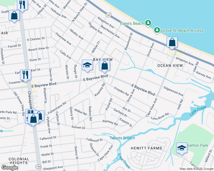 map of restaurants, bars, coffee shops, grocery stores, and more near 9200 Portal Road in Norfolk