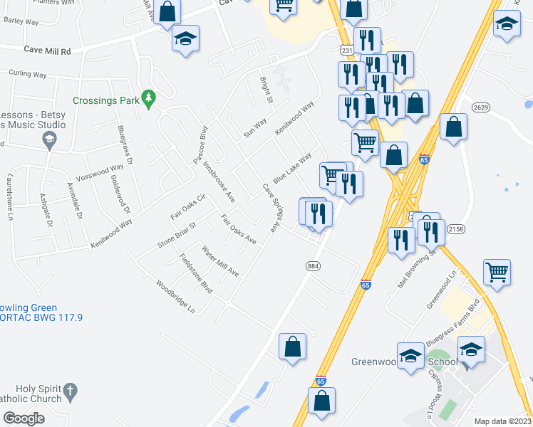 map of restaurants, bars, coffee shops, grocery stores, and more near 3481 Innsbrooke Court in Bowling Green
