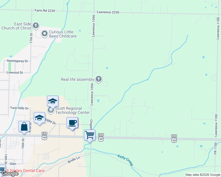 map of restaurants, bars, coffee shops, grocery stores, and more near 23580 Lawrence 1090 in Monett