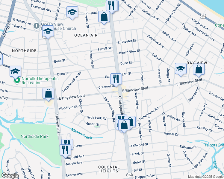 map of restaurants, bars, coffee shops, grocery stores, and more near 8617 Chesapeake Boulevard in Norfolk