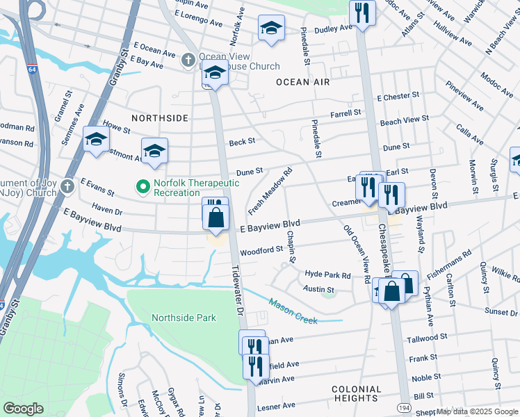 map of restaurants, bars, coffee shops, grocery stores, and more near 409 Fresh Meadow Road in Norfolk