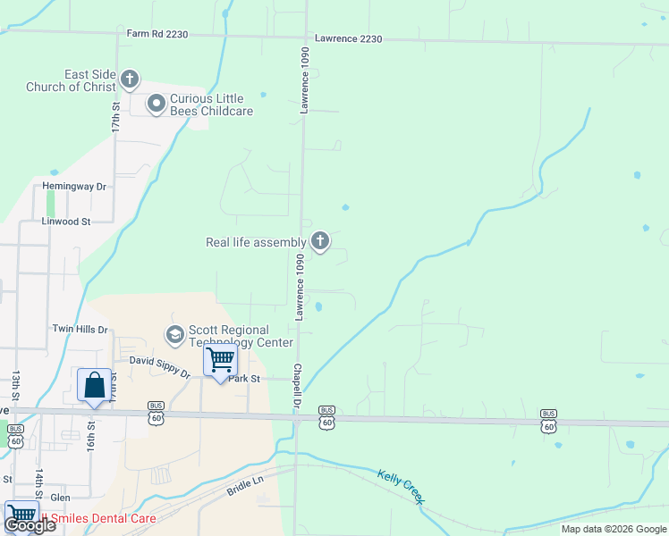map of restaurants, bars, coffee shops, grocery stores, and more near 23580 Lawrence 1090 in Monett
