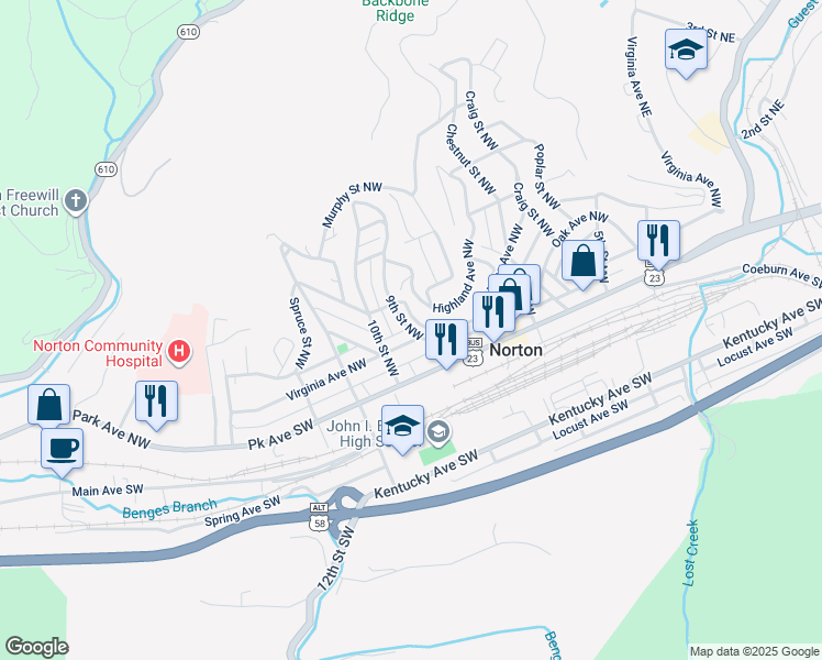 map of restaurants, bars, coffee shops, grocery stores, and more near 92 9th Street Northwest in Norton