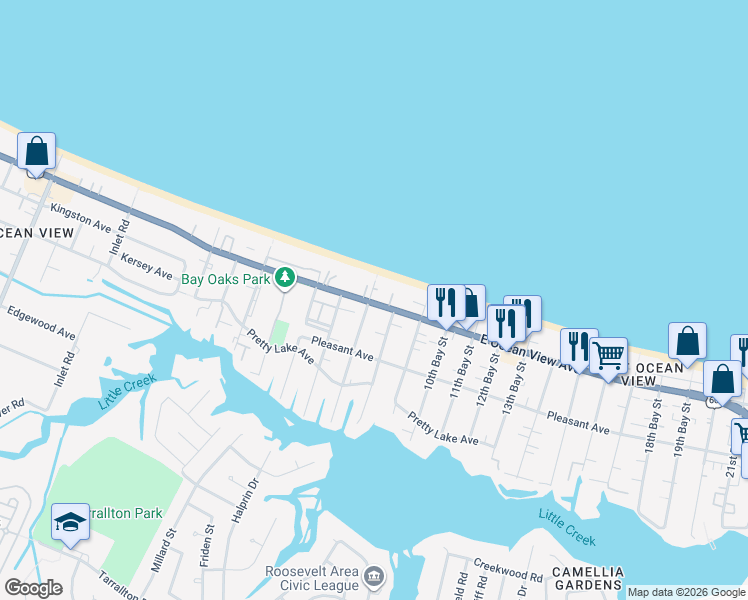 map of restaurants, bars, coffee shops, grocery stores, and more near 9716 7th Bay Street in Norfolk