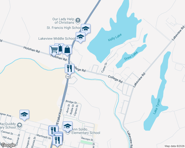 map of restaurants, bars, coffee shops, grocery stores, and more near 70 College Road in Watsonville