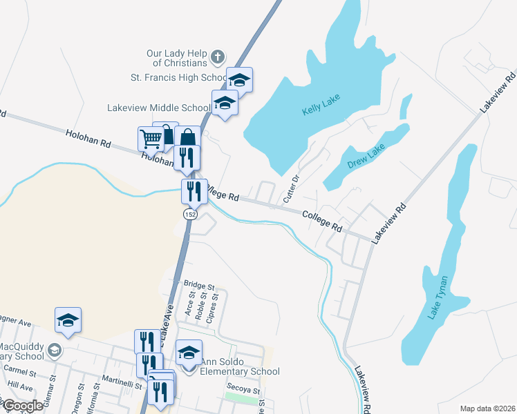 map of restaurants, bars, coffee shops, grocery stores, and more near 70 College Road in Watsonville