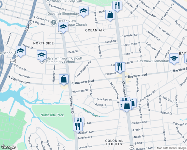 map of restaurants, bars, coffee shops, grocery stores, and more near 8618 Chapin Street in Norfolk