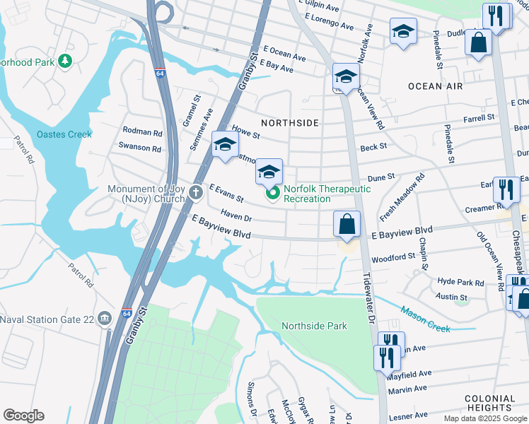 map of restaurants, bars, coffee shops, grocery stores, and more near 167 East Evans Street in Norfolk
