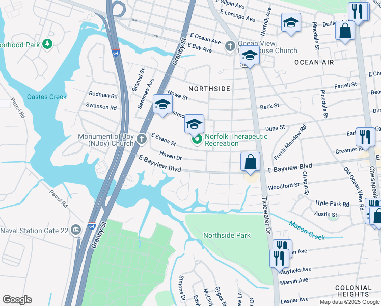 map of restaurants, bars, coffee shops, grocery stores, and more near 163 East Evans Street in Norfolk