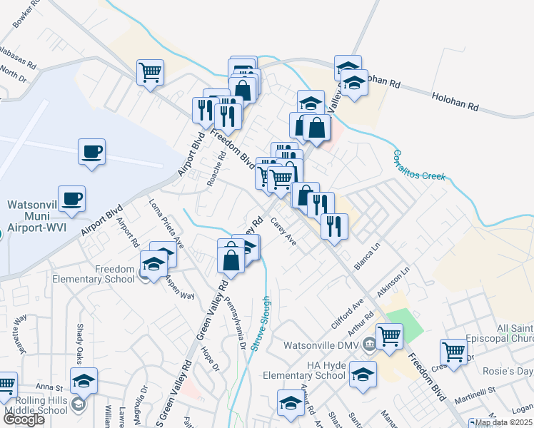 map of restaurants, bars, coffee shops, grocery stores, and more near S Green Valley Rd & Carey Ave in Freedom