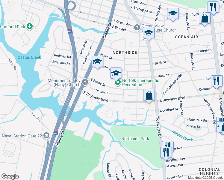 map of restaurants, bars, coffee shops, grocery stores, and more near 163 East Evans Street in Norfolk
