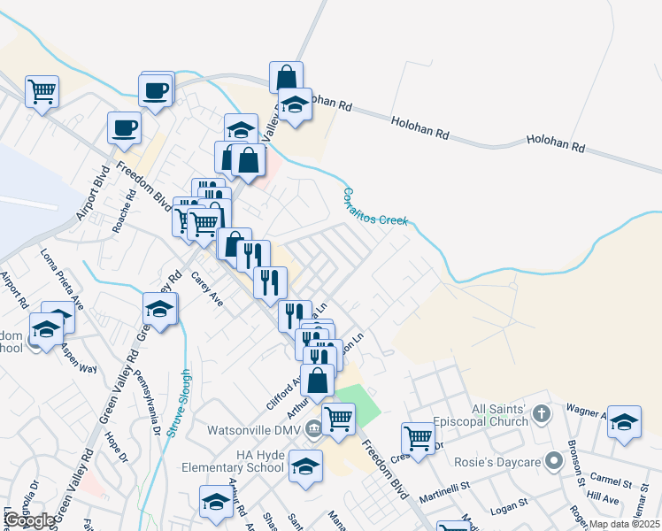 map of restaurants, bars, coffee shops, grocery stores, and more near 49 Blanca Lane in Watsonville