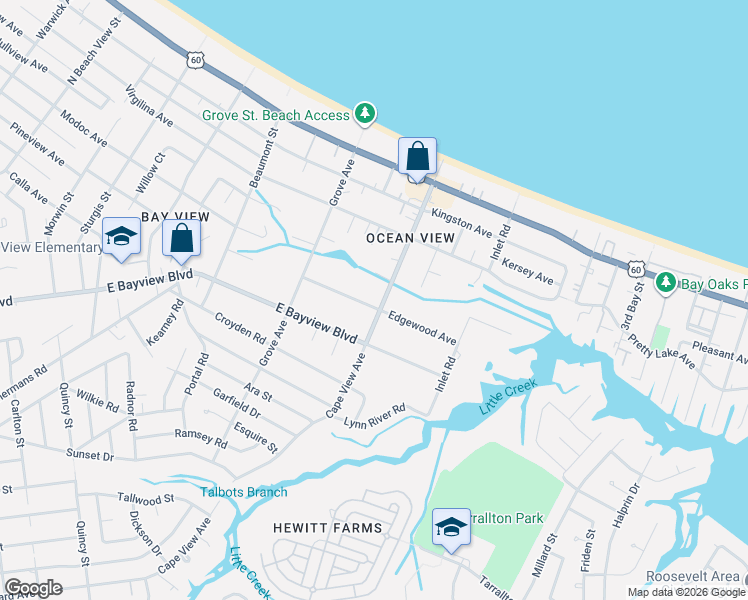 map of restaurants, bars, coffee shops, grocery stores, and more near 1856 Edgewood Avenue in Norfolk