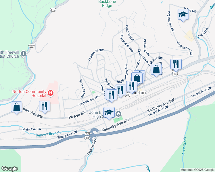 map of restaurants, bars, coffee shops, grocery stores, and more near 92-198 9th St NW in Norton
