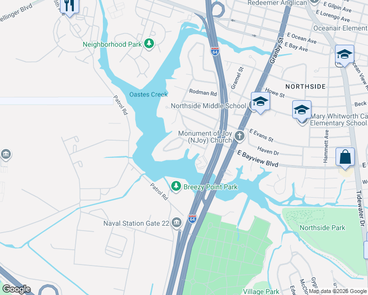 map of restaurants, bars, coffee shops, grocery stores, and more near 193 Blades Street in Norfolk