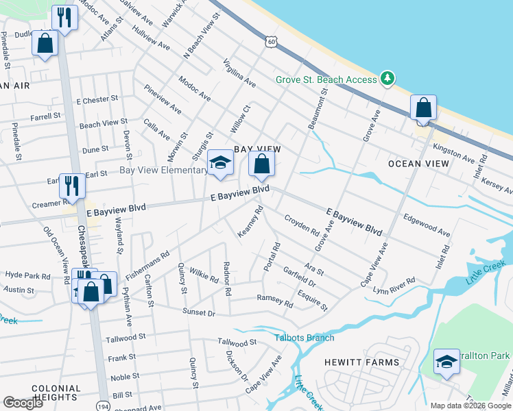 map of restaurants, bars, coffee shops, grocery stores, and more near 9200 Portal Road in Norfolk