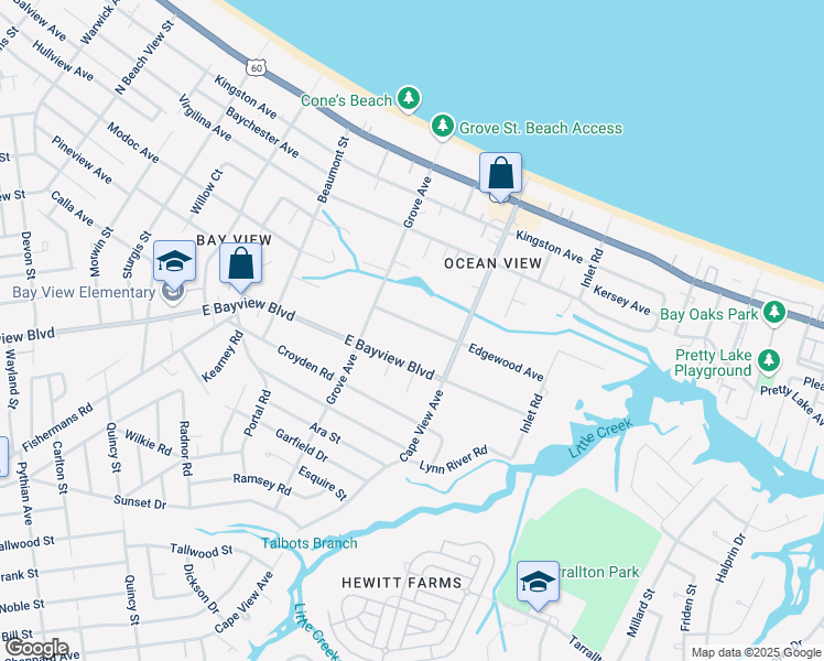 map of restaurants, bars, coffee shops, grocery stores, and more near 1821 Edgewood Avenue in Norfolk