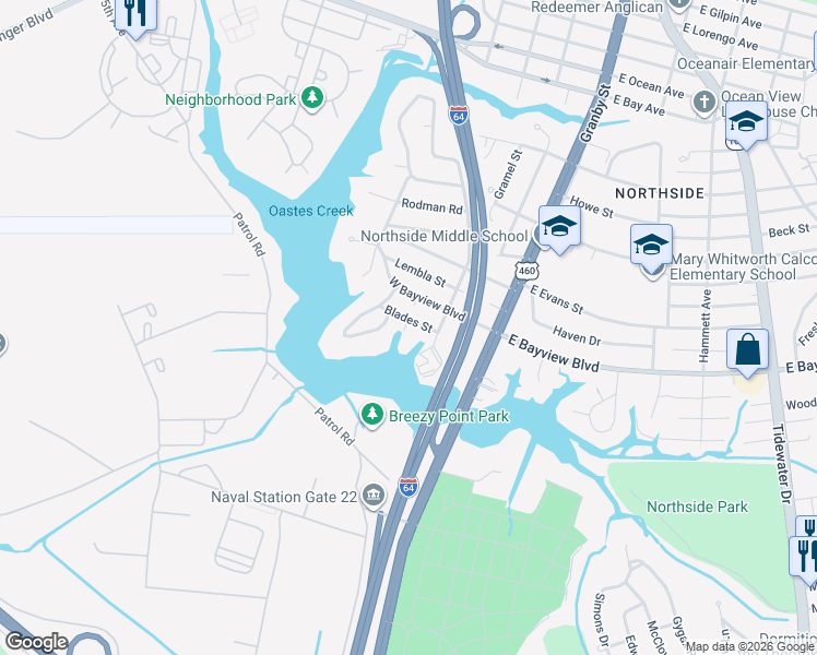 map of restaurants, bars, coffee shops, grocery stores, and more near 146 Blades Street in Norfolk