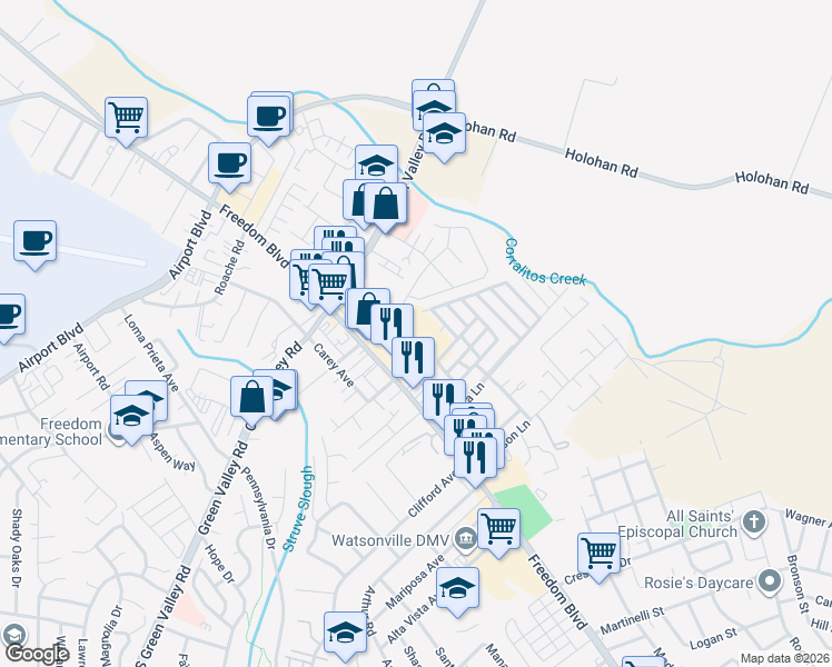 map of restaurants, bars, coffee shops, grocery stores, and more near 1702 Freedom Boulevard in Freedom