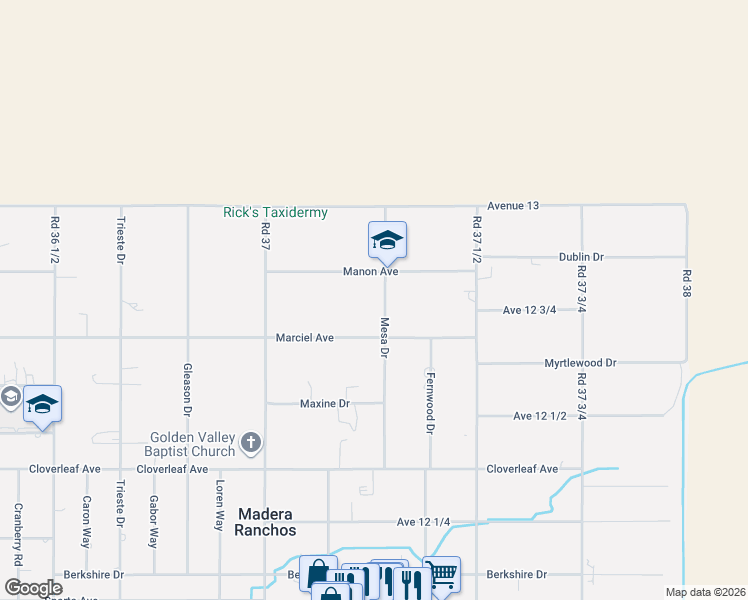 map of restaurants, bars, coffee shops, grocery stores, and more near 12778 Mesa Dr in Madera