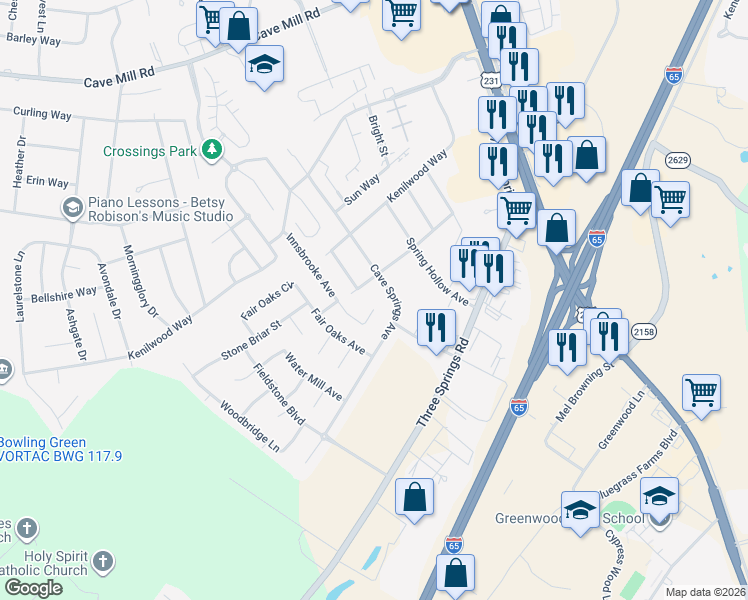 map of restaurants, bars, coffee shops, grocery stores, and more near 1348 Blue Lake Way in Bowling Green
