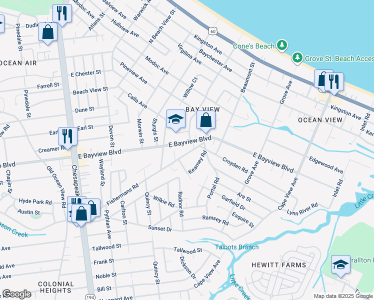 map of restaurants, bars, coffee shops, grocery stores, and more near 1460 Fishermans Road in Norfolk