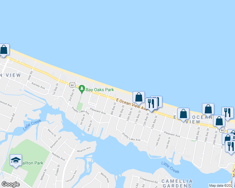 map of restaurants, bars, coffee shops, grocery stores, and more near 2734 East Ocean View Avenue in Norfolk