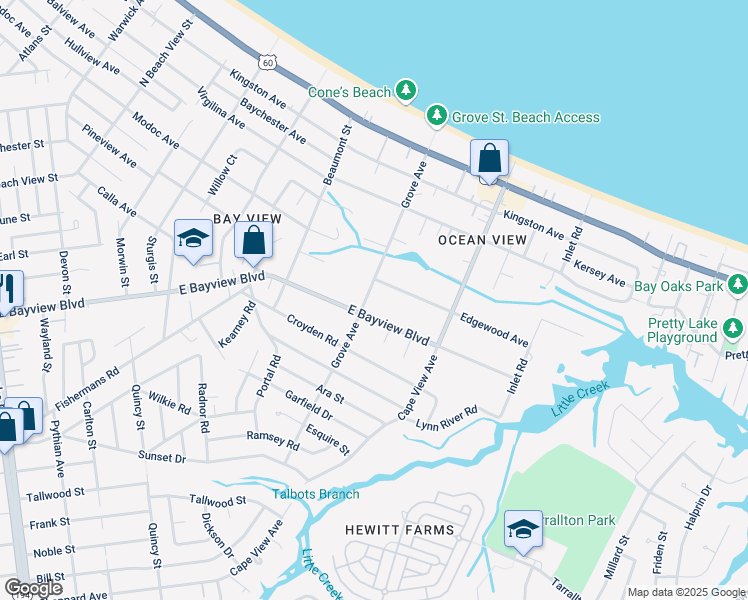 map of restaurants, bars, coffee shops, grocery stores, and more near 9317 Grove Avenue in Norfolk