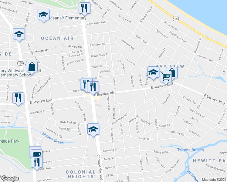 map of restaurants, bars, coffee shops, grocery stores, and more near 1056 East Bayview Boulevard in Norfolk