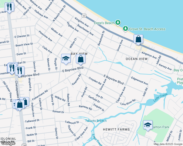 map of restaurants, bars, coffee shops, grocery stores, and more near 1615 East Bayview Boulevard in Norfolk