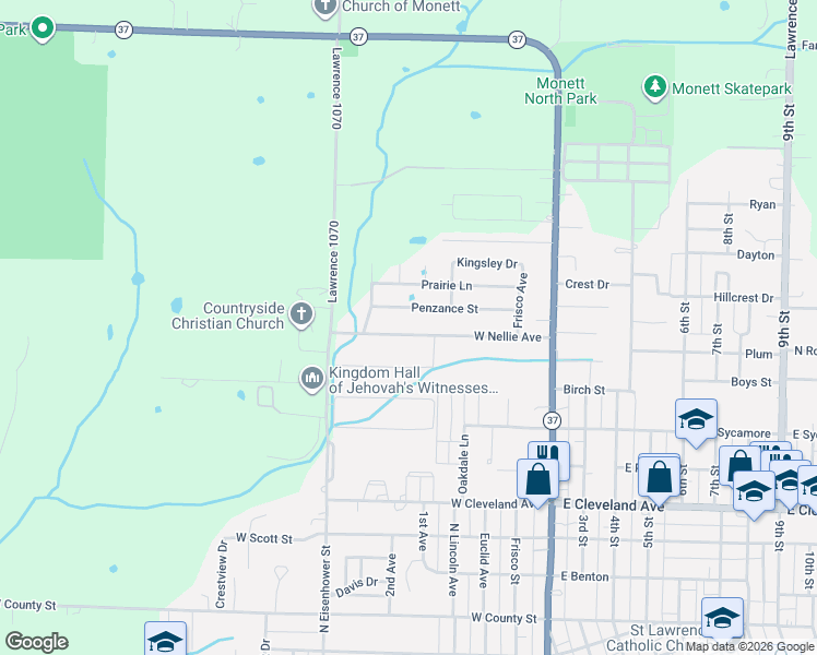 map of restaurants, bars, coffee shops, grocery stores, and more near 406 West Nellie Avenue in Monett