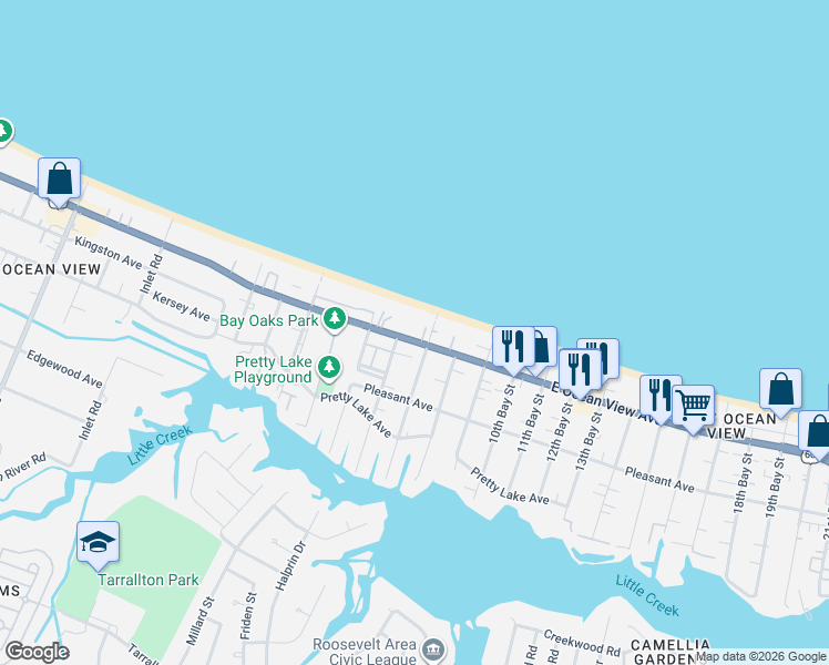map of restaurants, bars, coffee shops, grocery stores, and more near 2642 East Ocean View Avenue in Norfolk