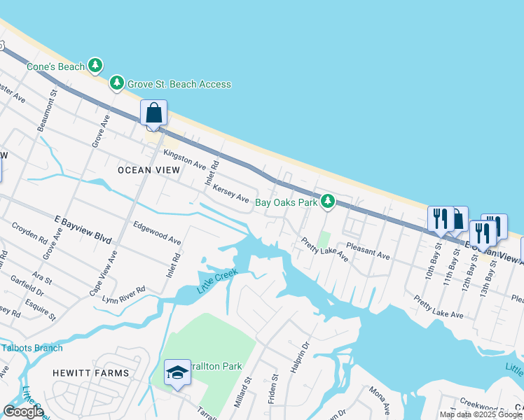 map of restaurants, bars, coffee shops, grocery stores, and more near 9609 1st Bay Street in Norfolk