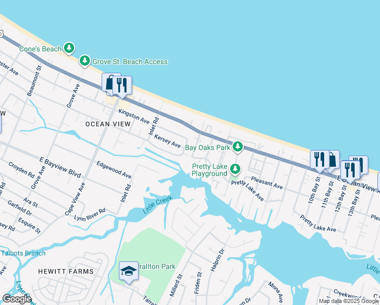map of restaurants, bars, coffee shops, grocery stores, and more near 9601 1st Bay Street in Norfolk