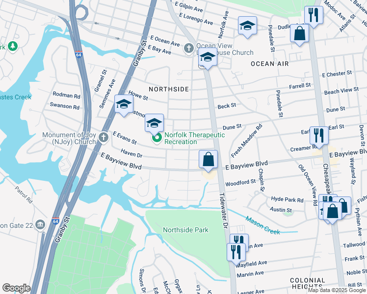map of restaurants, bars, coffee shops, grocery stores, and more near 230 E Evans St in Norfolk