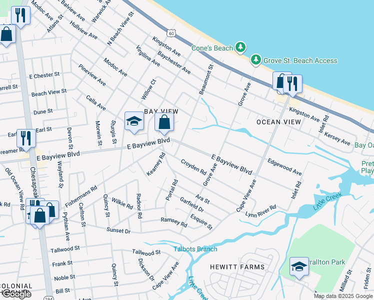 map of restaurants, bars, coffee shops, grocery stores, and more near 1615 East Bayview Boulevard in Norfolk