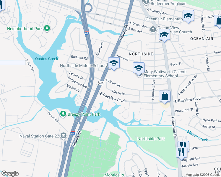 map of restaurants, bars, coffee shops, grocery stores, and more near 126 Haven Drive in Norfolk