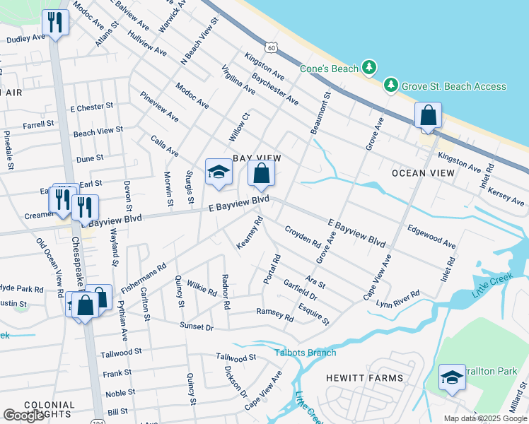 map of restaurants, bars, coffee shops, grocery stores, and more near 9200 Portal Road in Norfolk