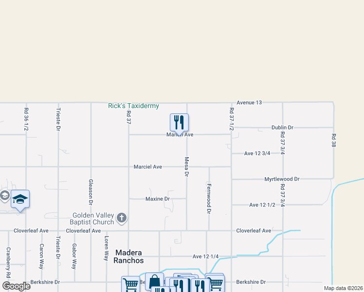 map of restaurants, bars, coffee shops, grocery stores, and more near 12778 Mesa Drive in Madera