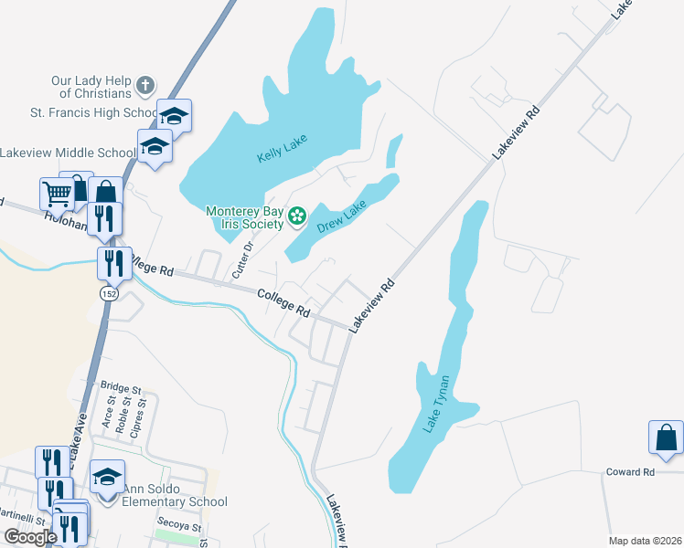 map of restaurants, bars, coffee shops, grocery stores, and more near 25 Parker Drive in Watsonville