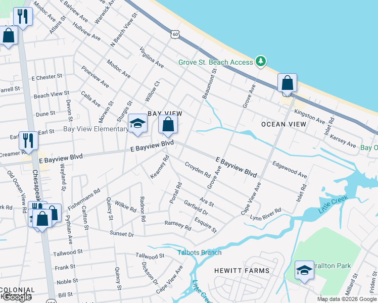 map of restaurants, bars, coffee shops, grocery stores, and more near 1613 East Bayview Boulevard in Norfolk