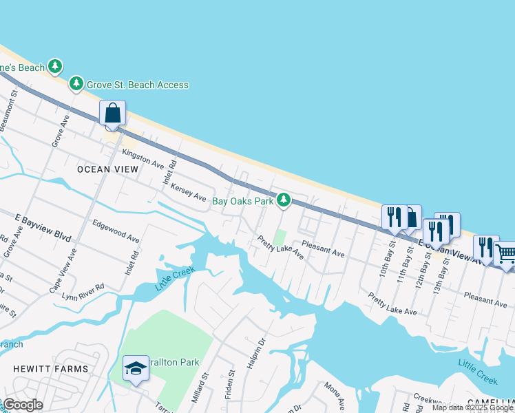 map of restaurants, bars, coffee shops, grocery stores, and more near 9638 3rd Bay Street in Norfolk