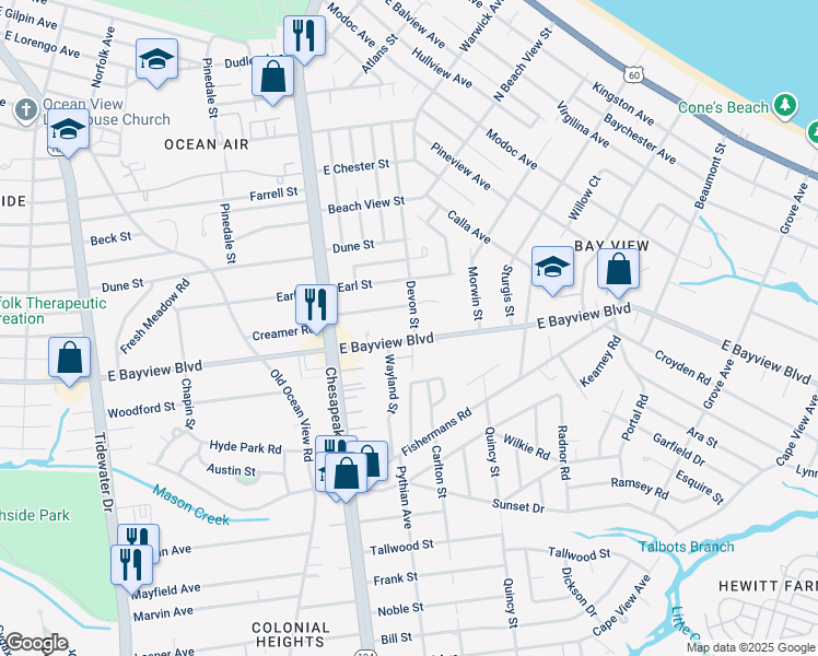 map of restaurants, bars, coffee shops, grocery stores, and more near 1056 East Bayview Boulevard in Norfolk