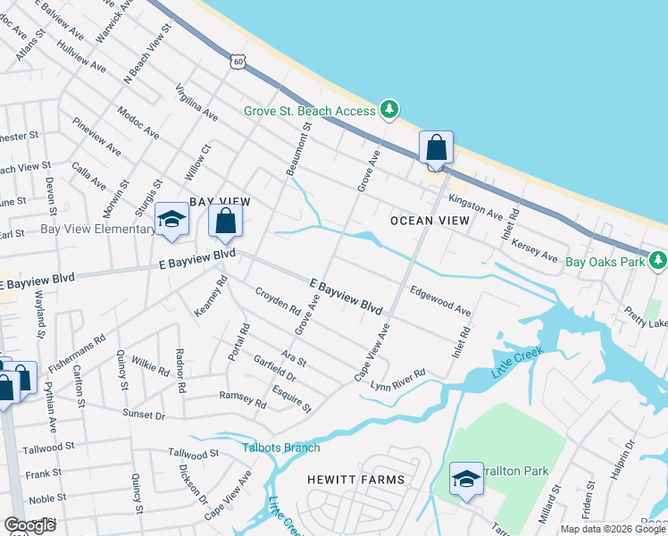 map of restaurants, bars, coffee shops, grocery stores, and more near 9317 Grove Avenue in Norfolk