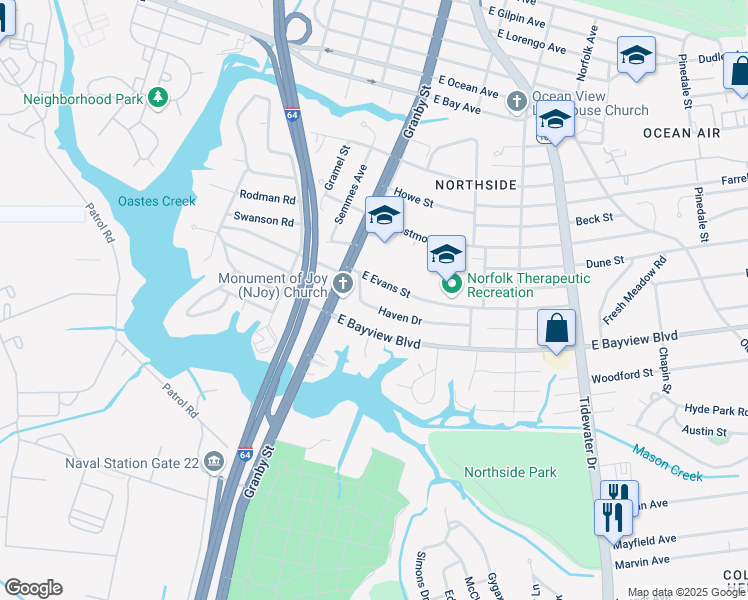 map of restaurants, bars, coffee shops, grocery stores, and more near 126 Haven Drive in Norfolk
