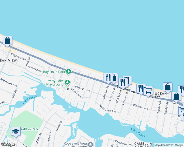 map of restaurants, bars, coffee shops, grocery stores, and more near 2642 East Ocean View Avenue in Norfolk