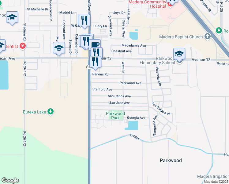 map of restaurants, bars, coffee shops, grocery stores, and more near 27252 Stanford Avenue in Madera