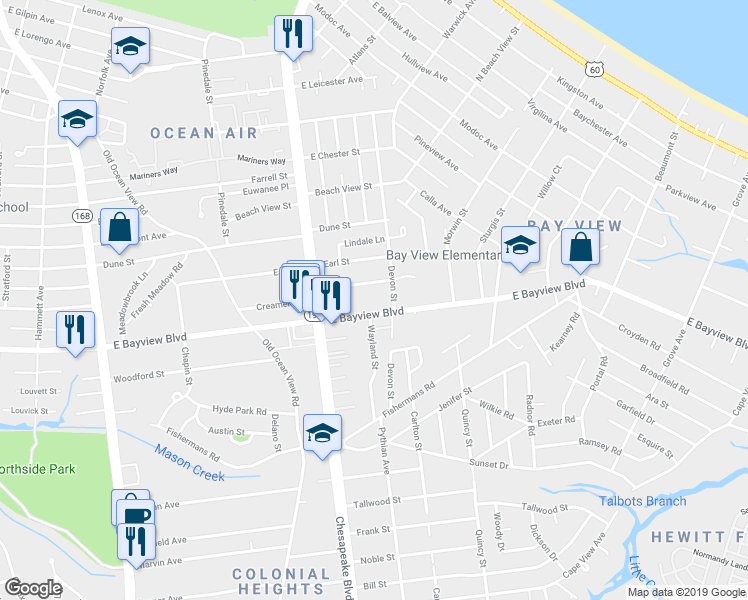 map of restaurants, bars, coffee shops, grocery stores, and more near 1056 East Bayview Boulevard in Norfolk