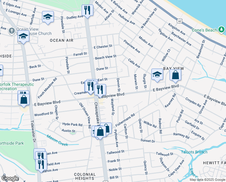 map of restaurants, bars, coffee shops, grocery stores, and more near 1056 East Bayview Boulevard in Norfolk